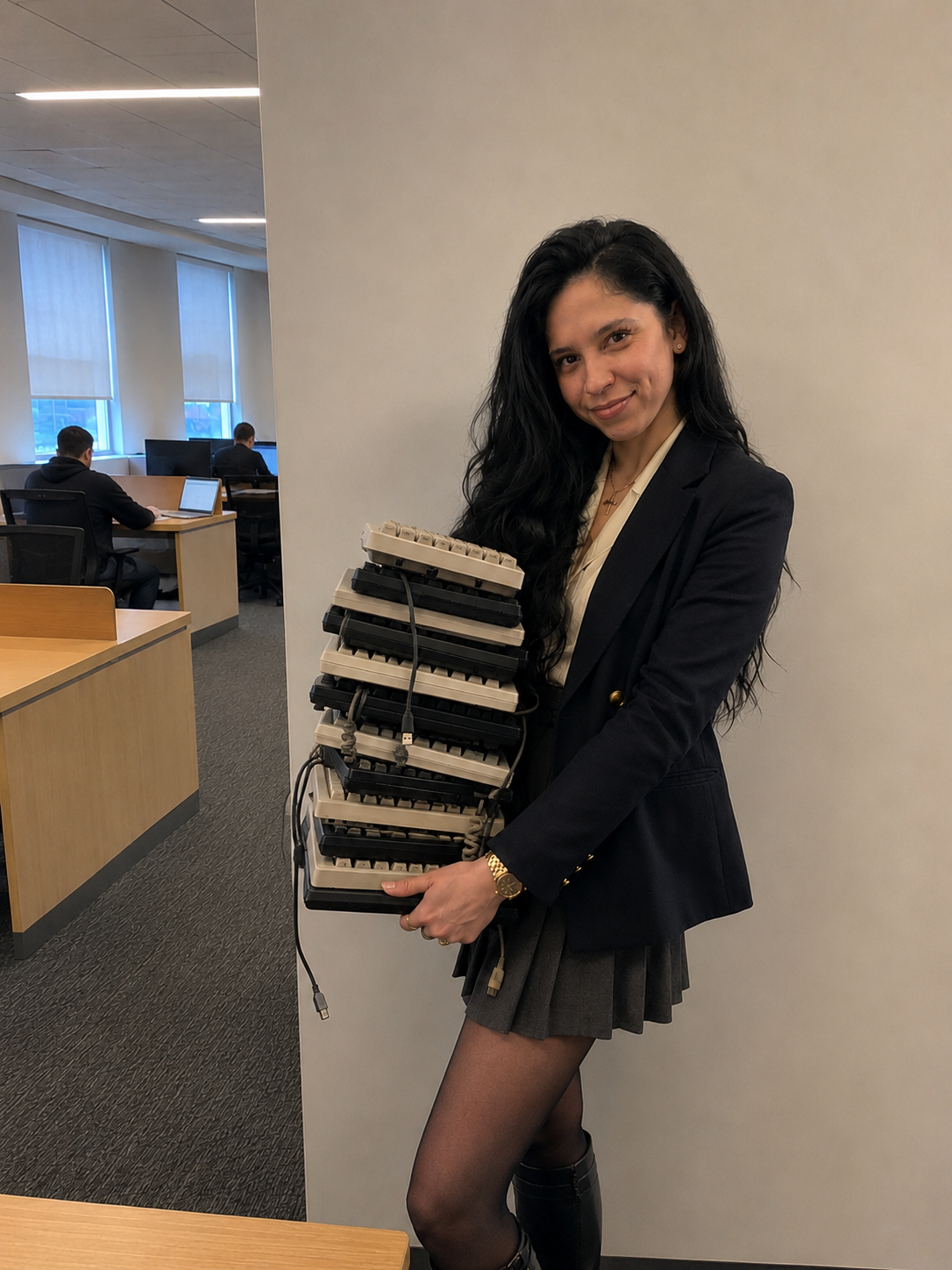 Nev carrying a stack of keyboards