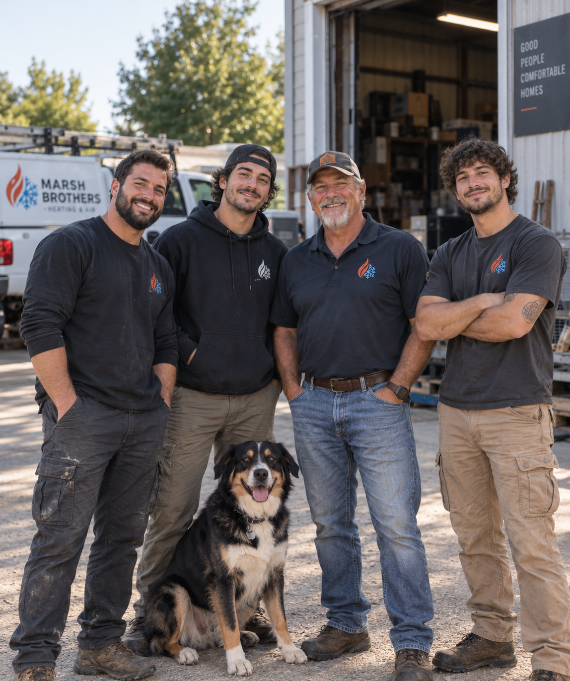 The full Marsh family with their shop dog outside the Marsh Brothers garage